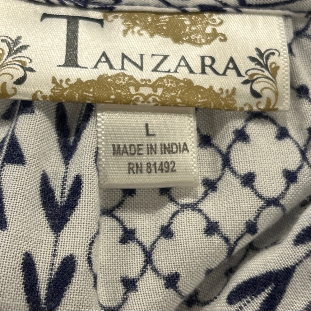 Tanzara Navy and White geometric print loose fit mini Dress size large - Picture 11 of 15